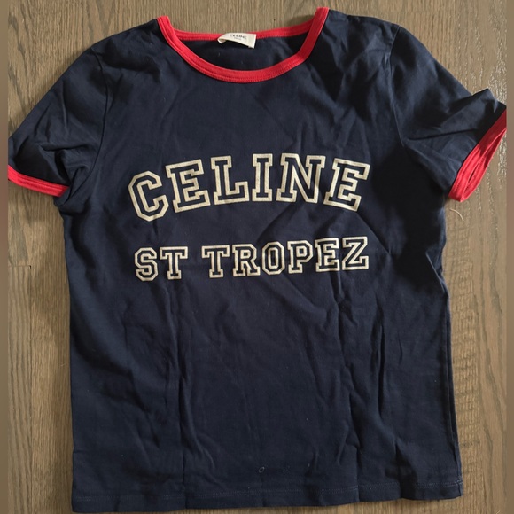 Celine St Tropez T shirt in Dark Blue with Red Trim